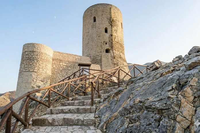 La Torre Angioina di Summonte, in provincia di Avellino, vista dal sentiero in pietra che sale alla rocca medievale, con la torre cilindrica in pietra che domina il borgo e i monti del Partenio