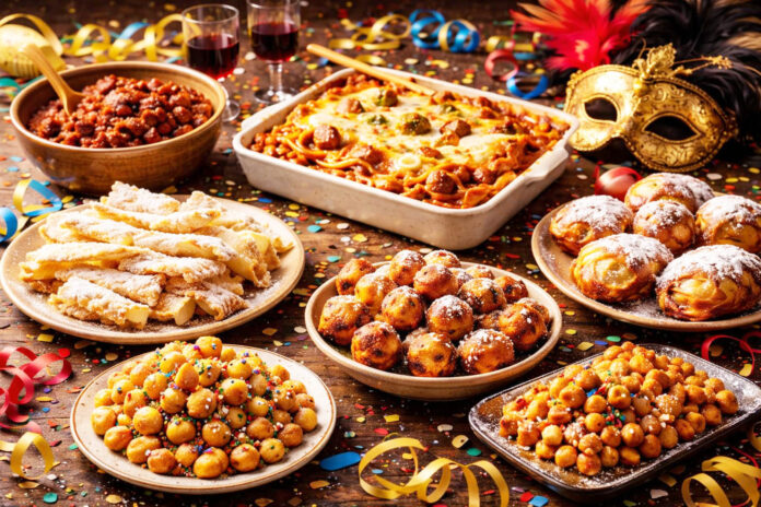 Tavolata di Carnevale con lasagne, ragù, chiacchiere, castagnole e struffoli su tavolo festivo