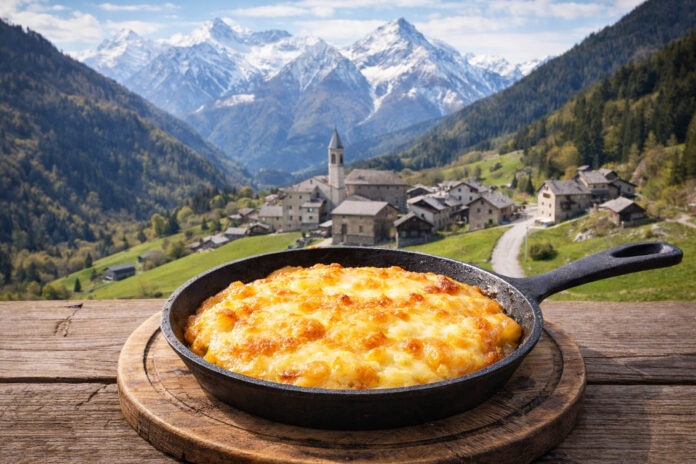 Frico friulano in padella su tavolo di legno con villaggio alpino e montagne della Carnia sullo sfondo, nelle Alpi Carniche del Friuli-Venezia Giulia