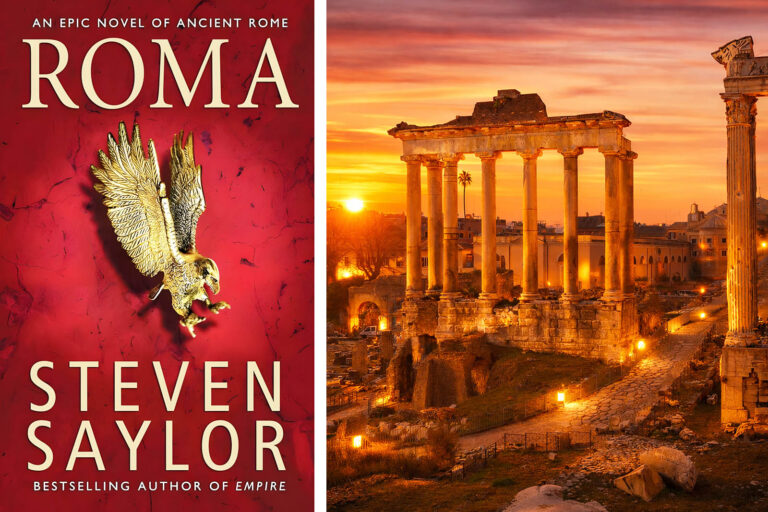 Copertina del romanzo storico Roma di Steven Saylor accanto al Foro Romano illuminato al tramonto nel centro di Roma
