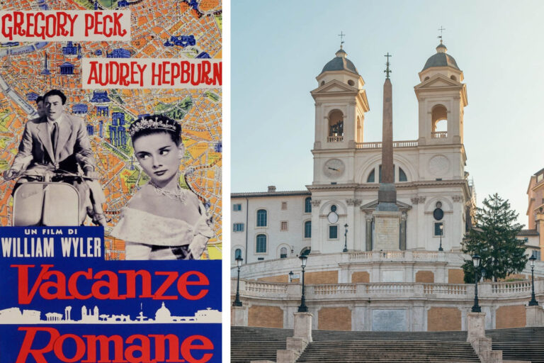 Poster del film Vacanze romane con Gregory Peck e Audrey Hepburn accostato alla scalinata di Piazza di Spagna con la chiesa della Trinità dei Monti a Roma