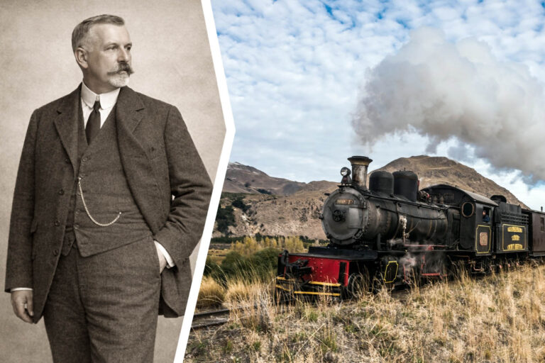 Ritratto di Guido Jacobacci e il treno a vapore La Trochita in Patagonia argentina