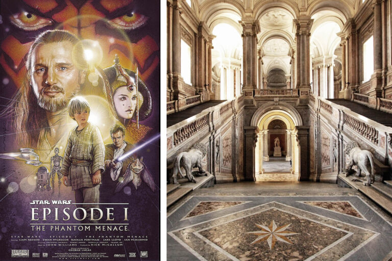 Poster del film Star Wars Episode I – The Phantom Menace affiancato allo scalone monumentale della Reggia di Caserta, celebre location cinematografica utilizzata come ambientazione del palazzo reale di Naboo nella saga di Star Wars