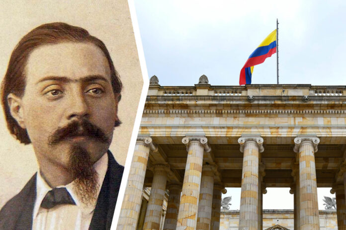 Ritratto di Oreste Síndici accostato al Campidoglio Nazionale di Bogotá con la bandiera della Colombia