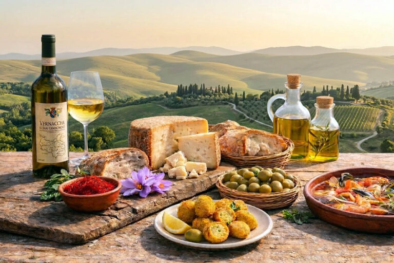 Tavola gastronomica con Vernaccia di San Gimignano, zafferano DOP, pecorino d’Abruzzo, olive ascolane, olio Pretuziano e brodetto di pesce, prodotti simbolo delle tappe della Tirreno-Adriatico tra Toscana, Abruzzo e Adriatico