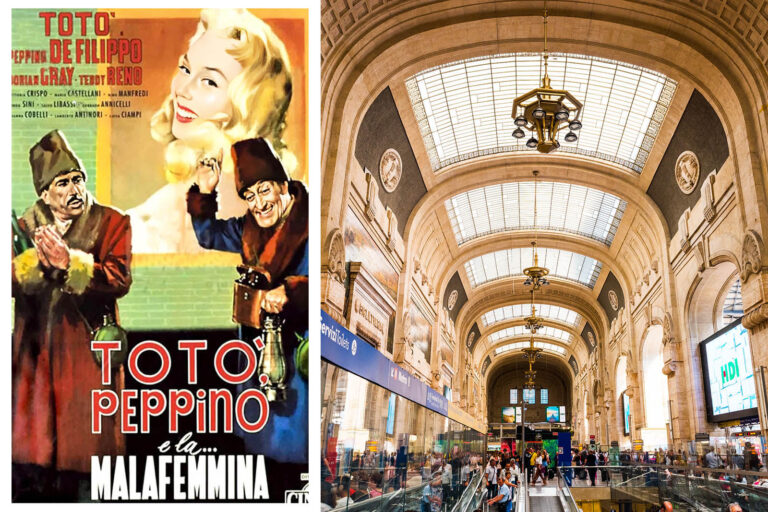 Poster del film Totò, Peppino e la… malafemmina affiancato alla Galleria delle Carrozze della Stazione Centrale di Milano, celebre scena del cinema italiano ambientata proprio nella stazione milanese