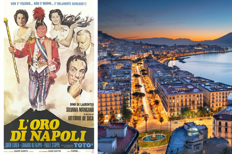Poster del film L’oro di Napoli di Vittorio De Sica con Totò, Sofia Loren ed Eduardo De Filippo accostato a una veduta serale del lungomare di Napoli illuminato, con il Vesuvio sullo sfondo
