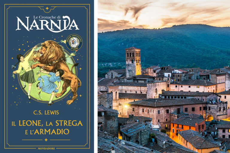 Copertina del libro Il leone, la strega e l’armadio delle Cronache di Narnia di C.S. Lewis accostata a una veduta serale del borgo medievale di Narni in Umbria, con il campanile e i tetti in pietra illuminati