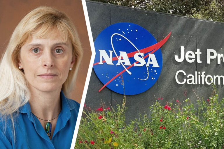 Cinzia Zuffada, ricercatrice italiana al Jet Propulsion Laboratory della NASA a Pasadena, accanto al logo NASA del centro di ricerca